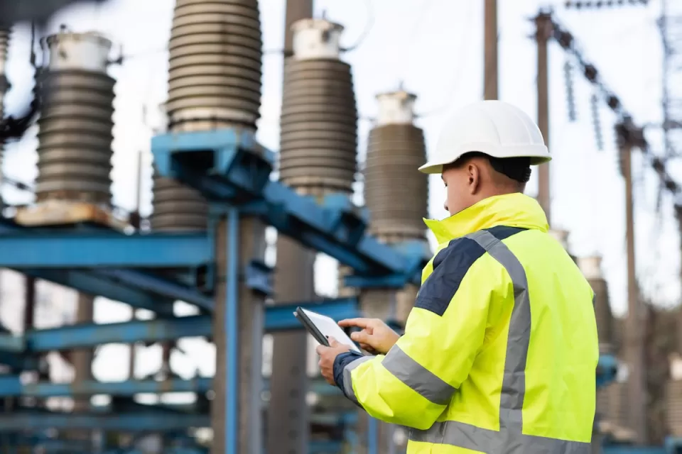 Worker in white hard hat and yellow safety jacket holds tablet in front of large electrical utility installation.